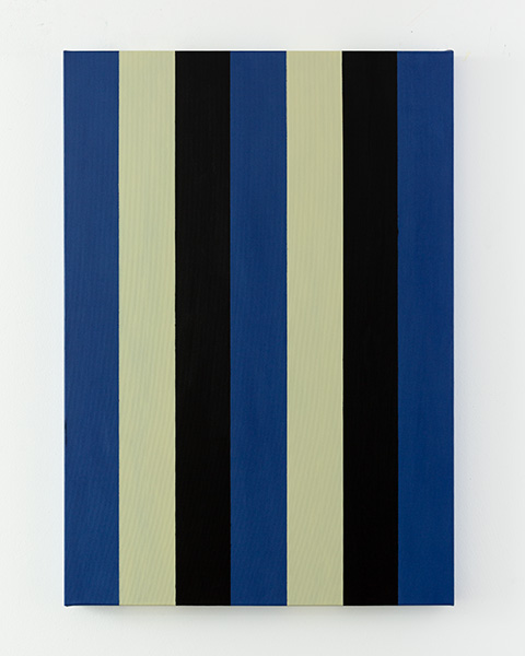 Abstraktes Gemälde mit vertikalen Streifen in blau, gelb und schwarz KH#376